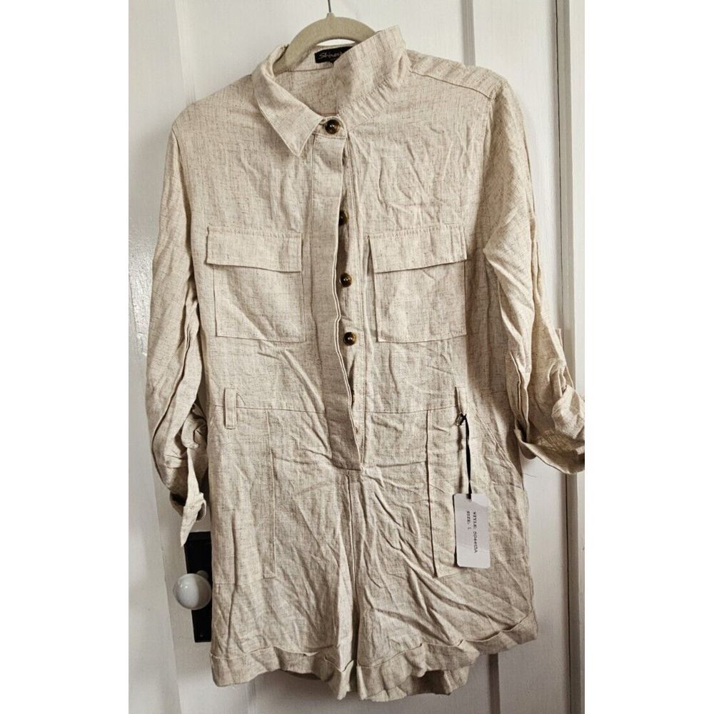 NWT Shinestar button up Romper women Sz Large beige Rayon Linen blend